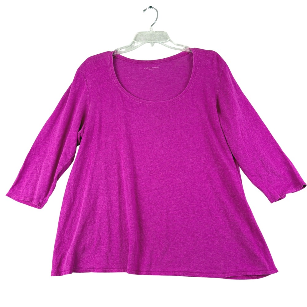 Eileen Fisher Large Magenta Purple 100% Linen Scoop Neck 3/4 Sleeve Knit Top